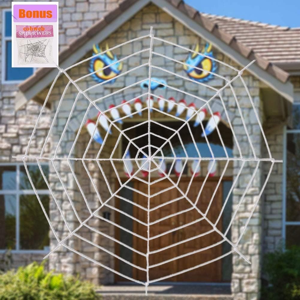 Jiaqee 9 Feet Giant Spider Web - Halloween Decoration Spider Web with Super Stretch Cobweb Set for Outdoor Yard, Round Dia, White