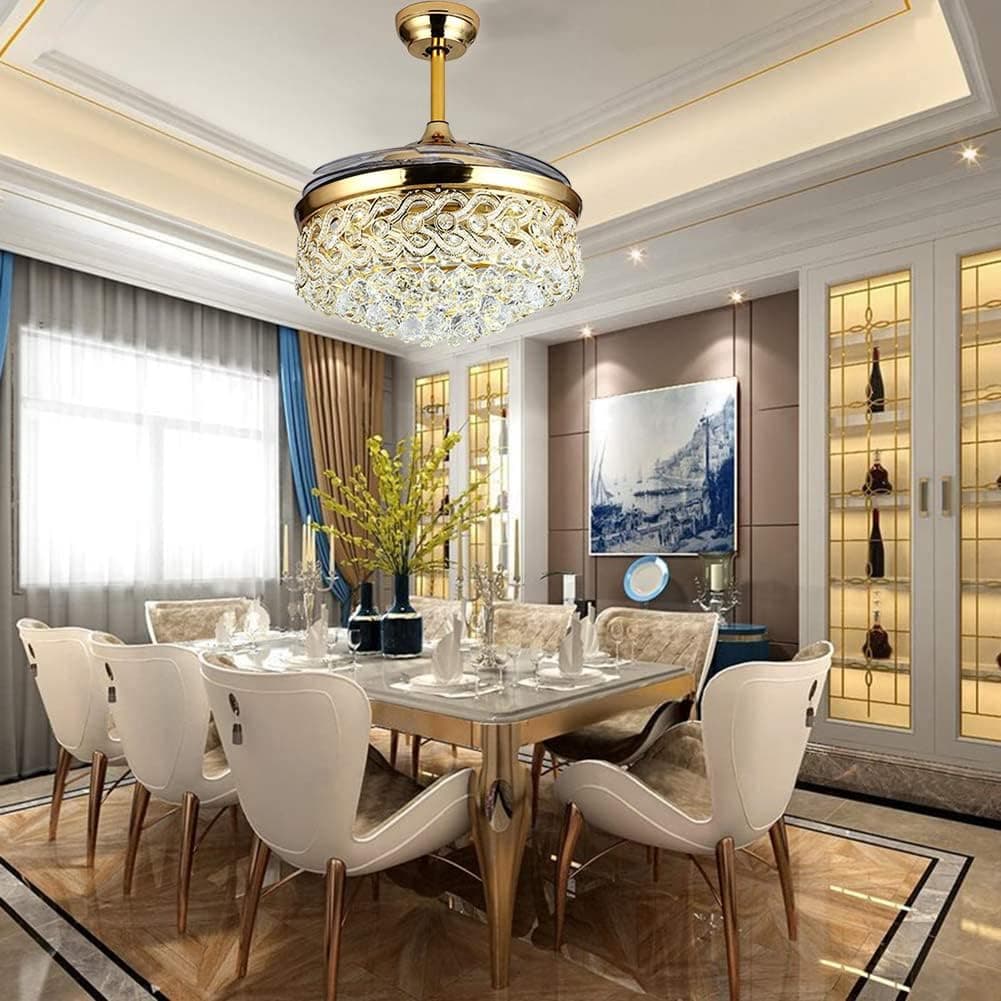 MoreChange 42" Modern Luxury Crystal Ceiling Fan with Lights Retractable Blades Remote Control LED Chandelier Fan 3 Speeds 3 Color Changes Lighting Fixtures, Silent Motor with LED Kits(Gold)