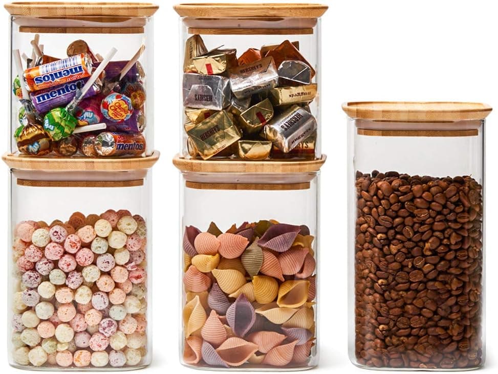 EZOWare Square Clear Glass Jars with Airtight Bamboo Lid, Set of 5 Stackable Kitchen Pantry Food Storage Canister Containers for Candy, Cookie, Rice, Sugar, Flour, Pasta, Nuts - 24oz / 34oz / 44oz
