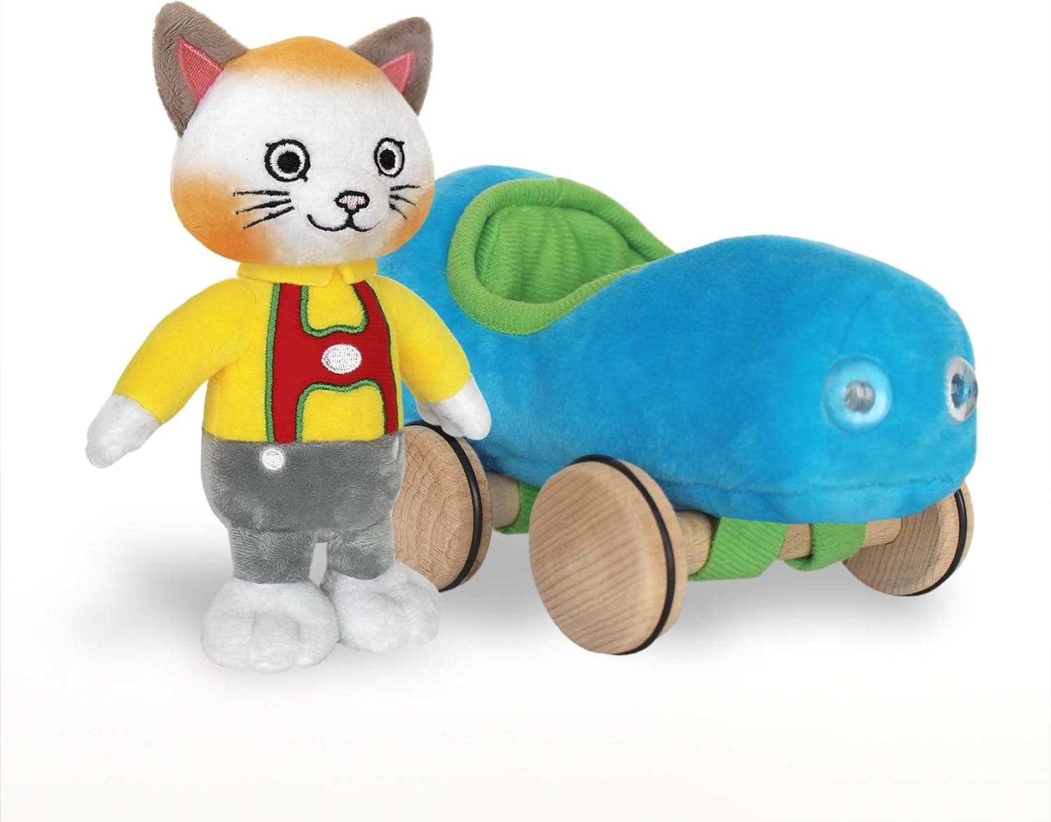 YOTTOY Richard Scarry Collection | Huckle Cat Soft Toy with Busytown Blue Car - 2 in 1 Toy