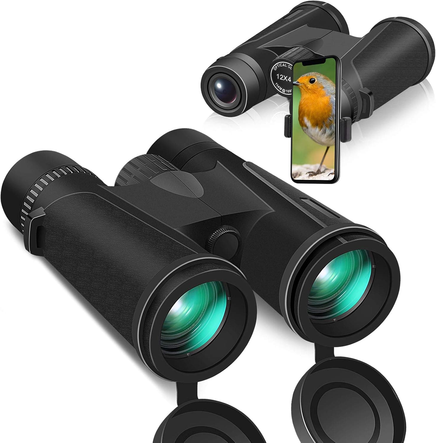 12x42 Binoculars Clear Weak Light Vision Binoculars for Adults 18mm Big Eyepiece Binoculars for Bird Watching Binoculars for Hunting with Smartphone Holder and BAK4 FMC Lens