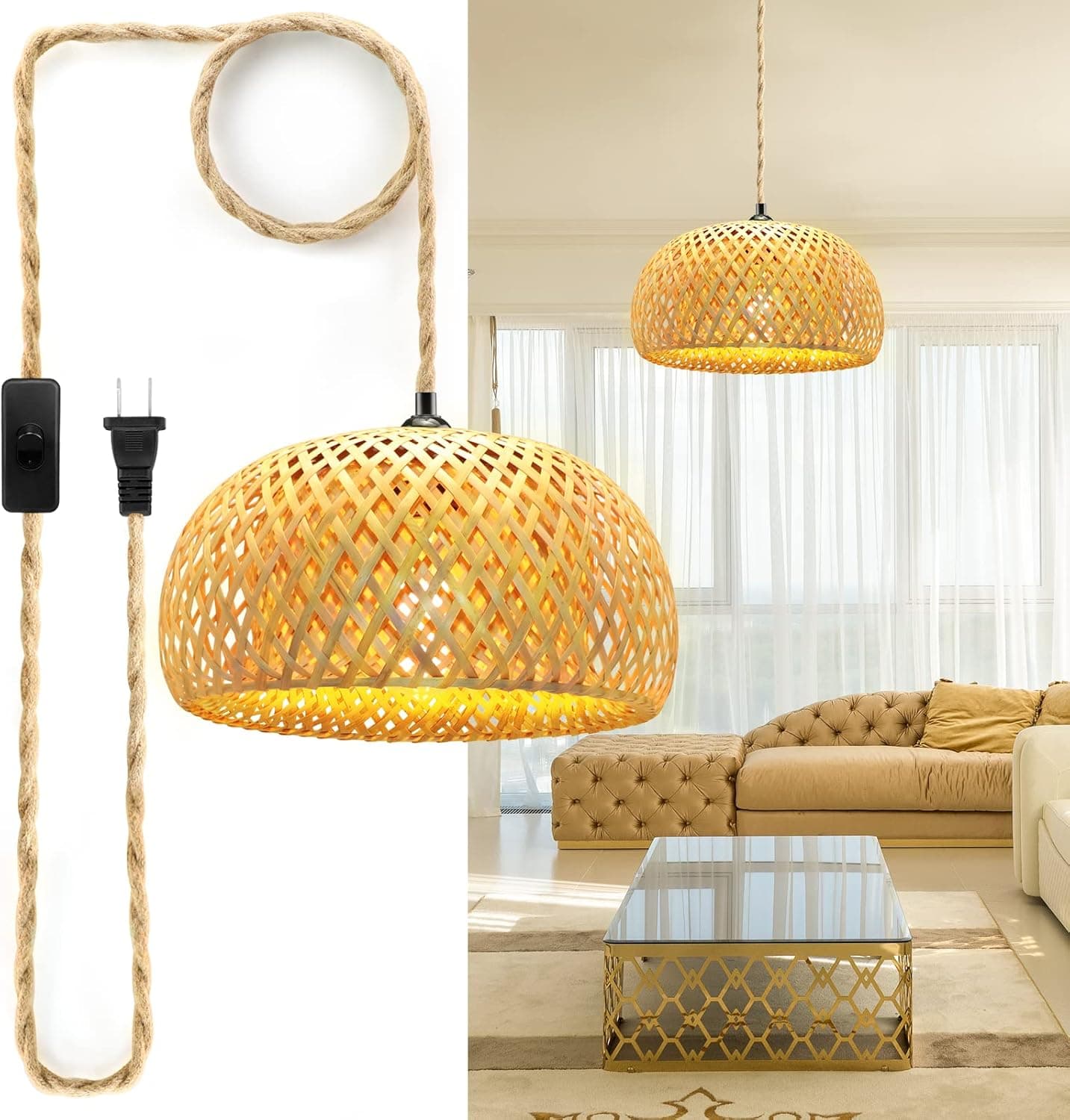 Plug in Pendant Light, 3 Color Bulb Pendant Light Fixtures, Hanging Light with 15 Ft Hemp Rope Cord On/Off Switch, Bamboo Lamp Shade Wicker Rattan Hanging Lights Fixture for Bedroom, Kitchen Island