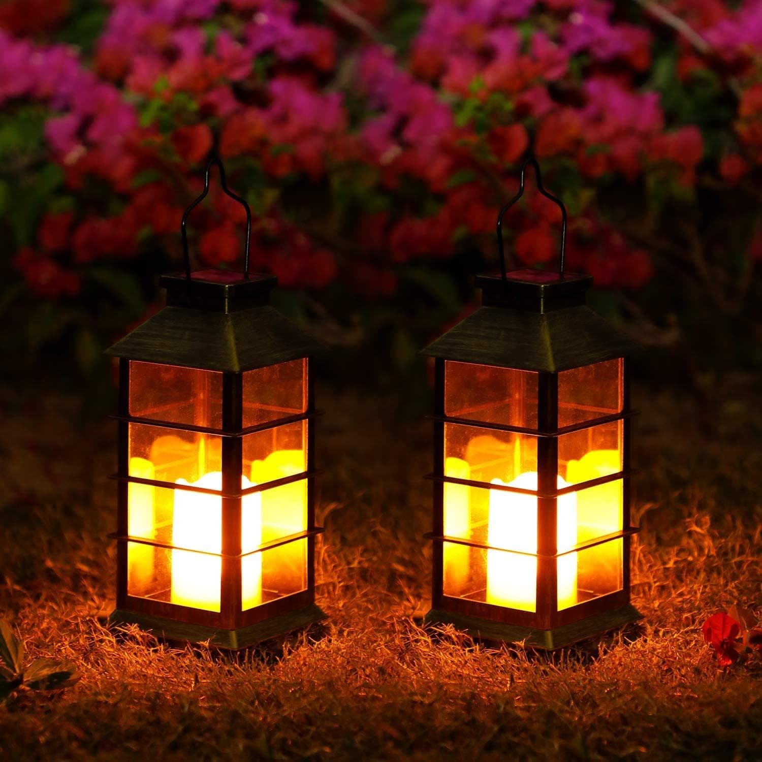2 Pack Solar Lanterns Outdoor Decor - 11.6 Inch LED Hanging Lantern Candle Lights Waterproof with Handle Flickering Flameless Candle Mission Light for Garden Patio Yard Pathway Table Fence Front Porch