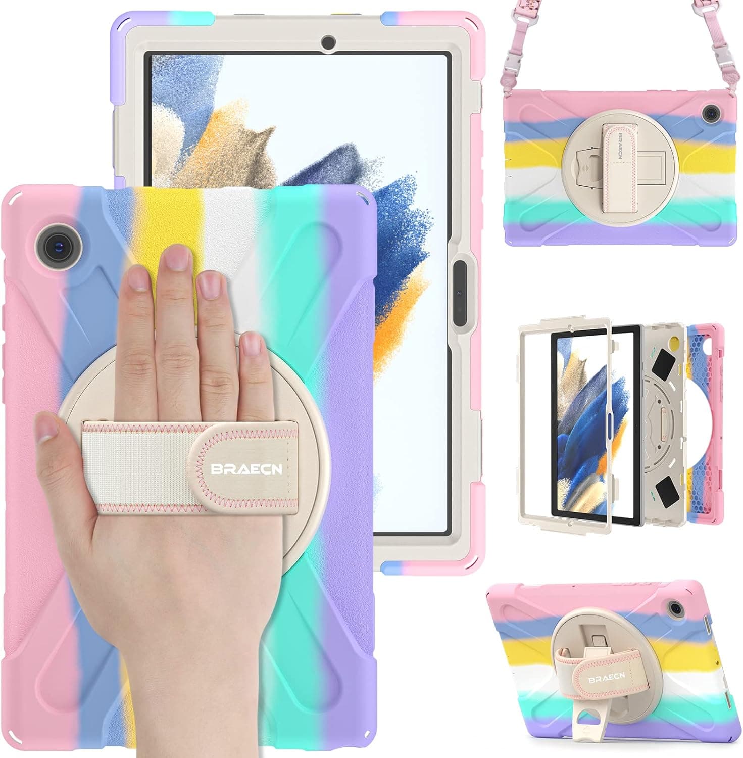 BRAECN Samsung Galaxy Tab A8 10.5 Inch Case for Kids 2022, Rugged and Durable with 360 Degree Swivel Stand/Hand Strap/Cute Shoulder Strap for Samsung A8 10.5 Inch SM-X200 /SM-205 -Light Rainbow…