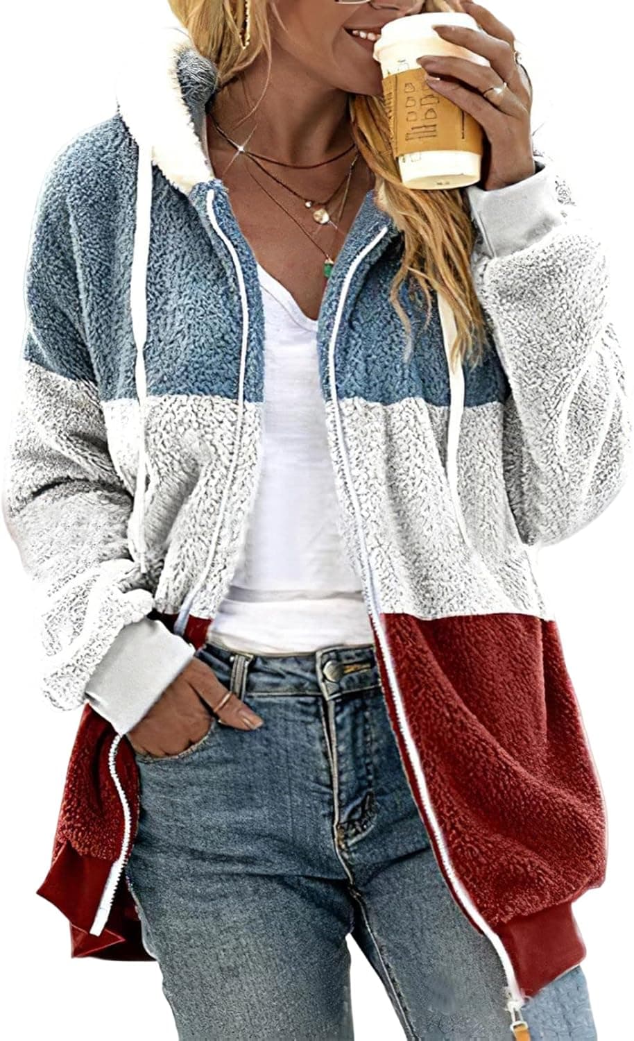 Women's Color Block Full Zip Up Sherpa Hoodie Fuzzy Fleece Jacket Casual Hooded Sweatshirt Coat