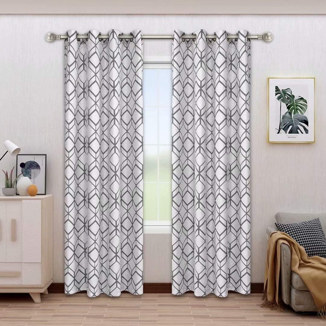 BONZER Linen Textured Diamond Print Curtains - Light Filtering Grommet Window Drapes for Bedroom, Living Room, 52 x 95 Inch, Grey, Set of 2 Panels