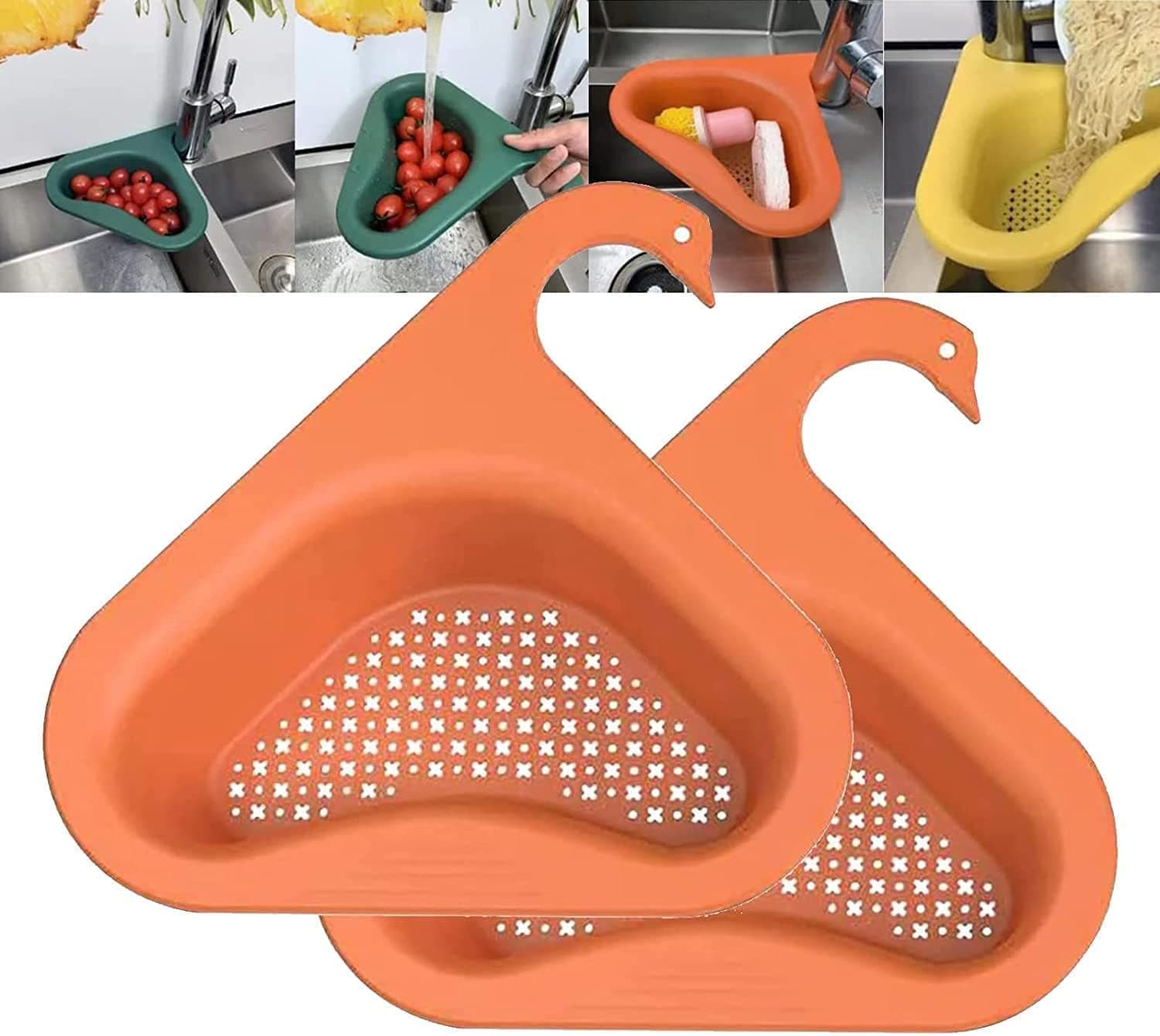 Swan Drain Basket for Kitchen Sink, Triangle Sink Drain Rack Corner Kitchen Sink Strainer Basket, Multifunctional Kitchen Triangle Sink Filter(1PCS) (2 Pcs, Orange)