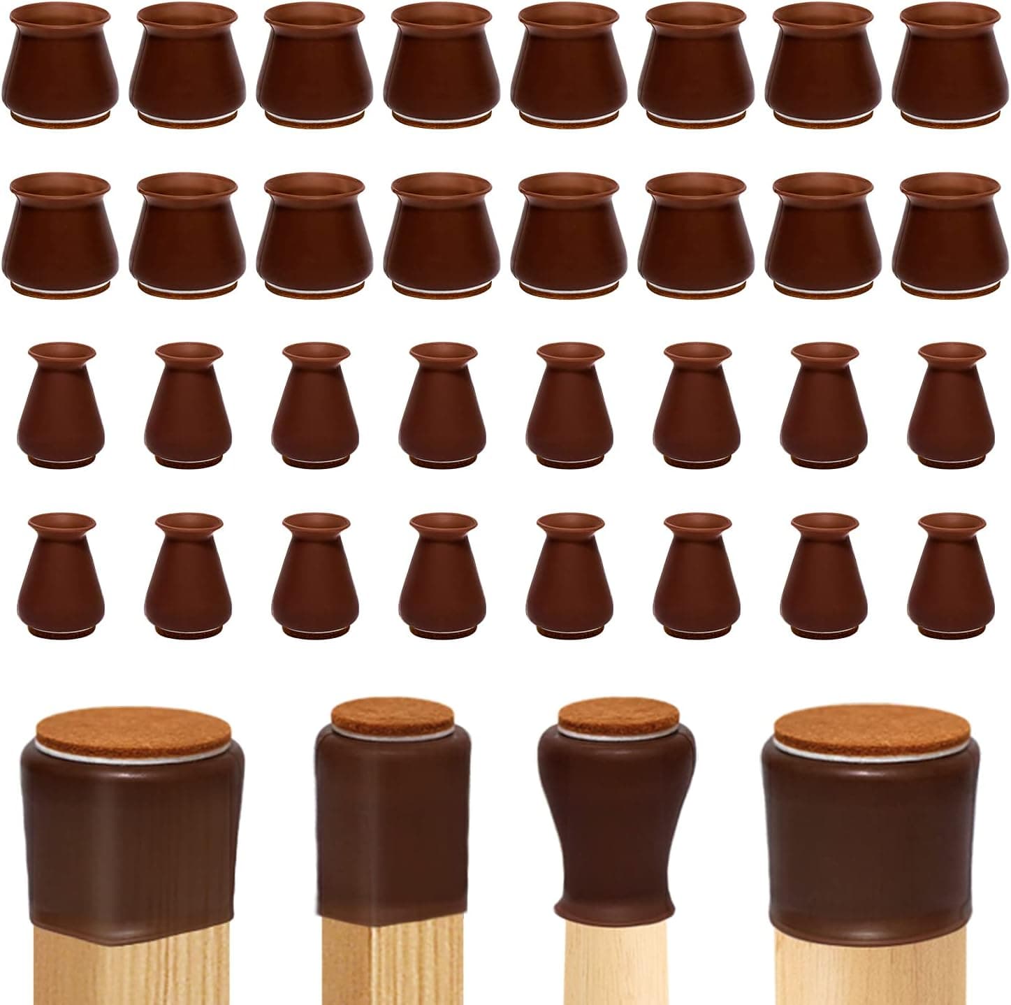 32PCS Chair Leg Floor Protectors, Rubber Floor Protectors, Black & Walnut Silicone Chair Leg Covers to Protect Floors, 2 Sizes Stool Table Leg Protector Caps Set to Prevent Scratches Noise (Walnut)