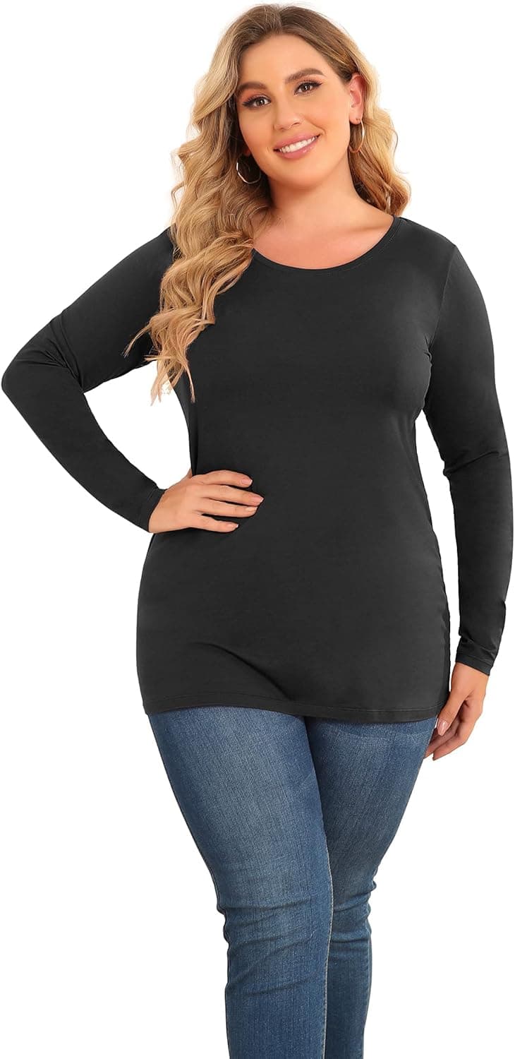 MONYRAY Women Plus Size Long Sleeve Shirt Cotton Scoop Neck for Layering Running Workout 1X,2X,3X,4X,5X