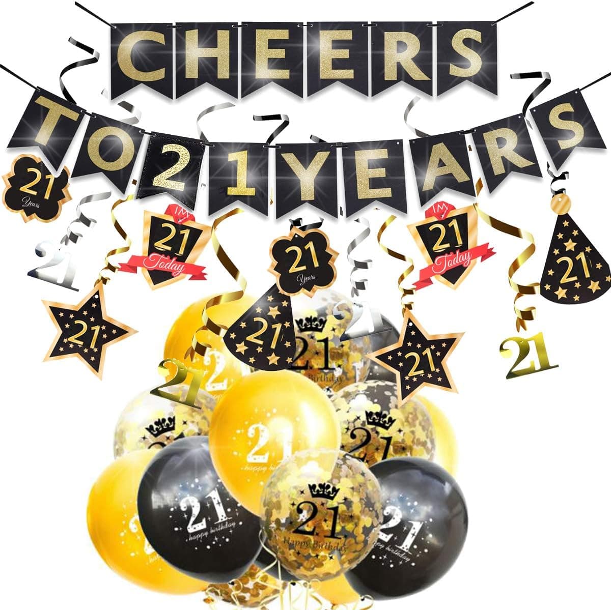 Happy 21th Birthday Anniversary Banner Decorations Kit Gold Confetti Balloons Supplies Glitter Cheers to 21 Years Banner Swallowtail Bunting Felt Cloth Supplies Streamer Hats 30 Years Old Party Favor