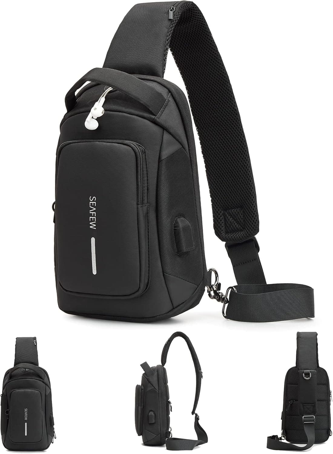 SEAFEW Small Black Sling Bag Crossbody Backpack Shoulder Messenger Bag for Men Women, Hiking Daypack Anti-Theft Cross Body Motorcycle Chest Bags, One Strap Backpack for Walking Biking Travel Cycling