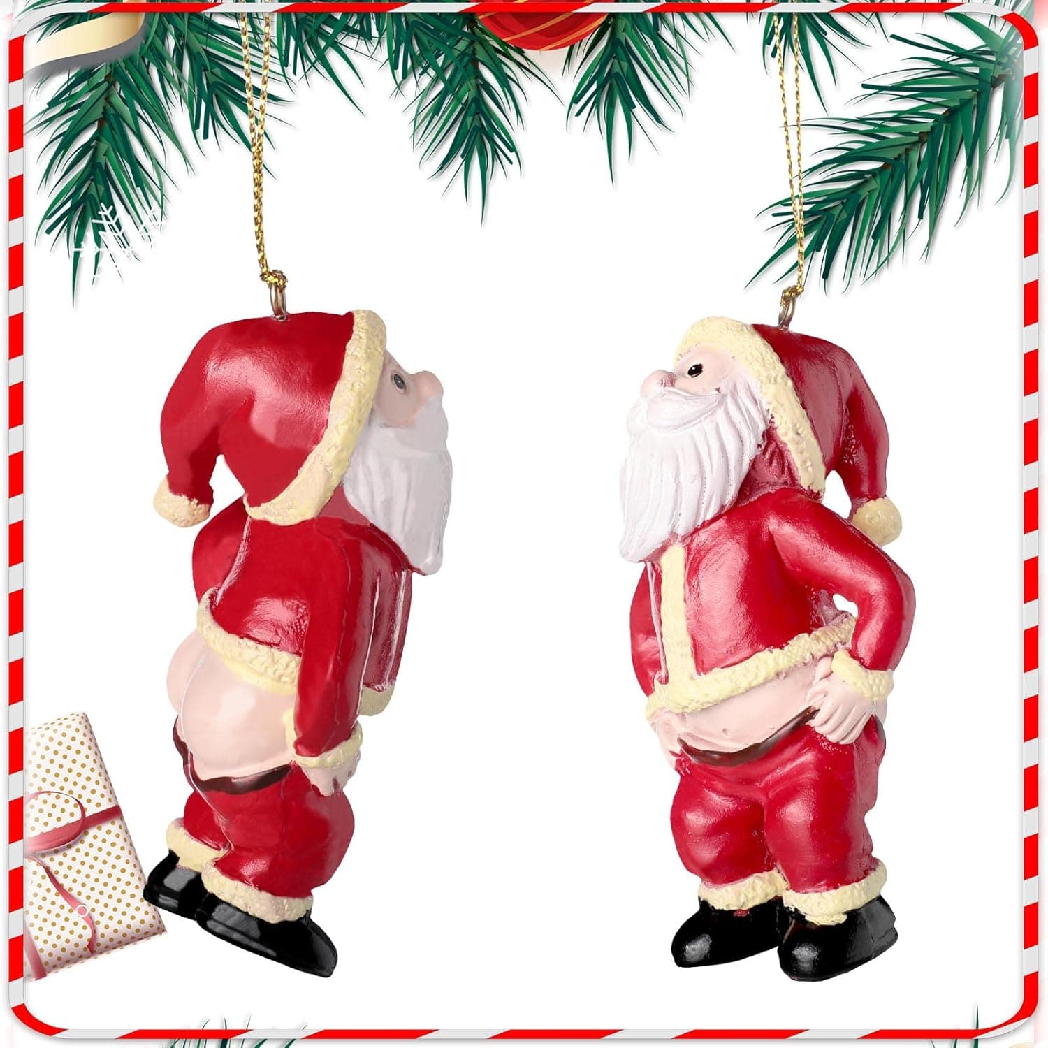 2 Pieces Mini Christmas Ornaments Tree Decorations Funny Mooning Santa Claus Christmas Tree Ornament Small Christmas Tree Ornaments with Santa Claus Resin Tiny Christmas Hanging Decor for DIY Holiday