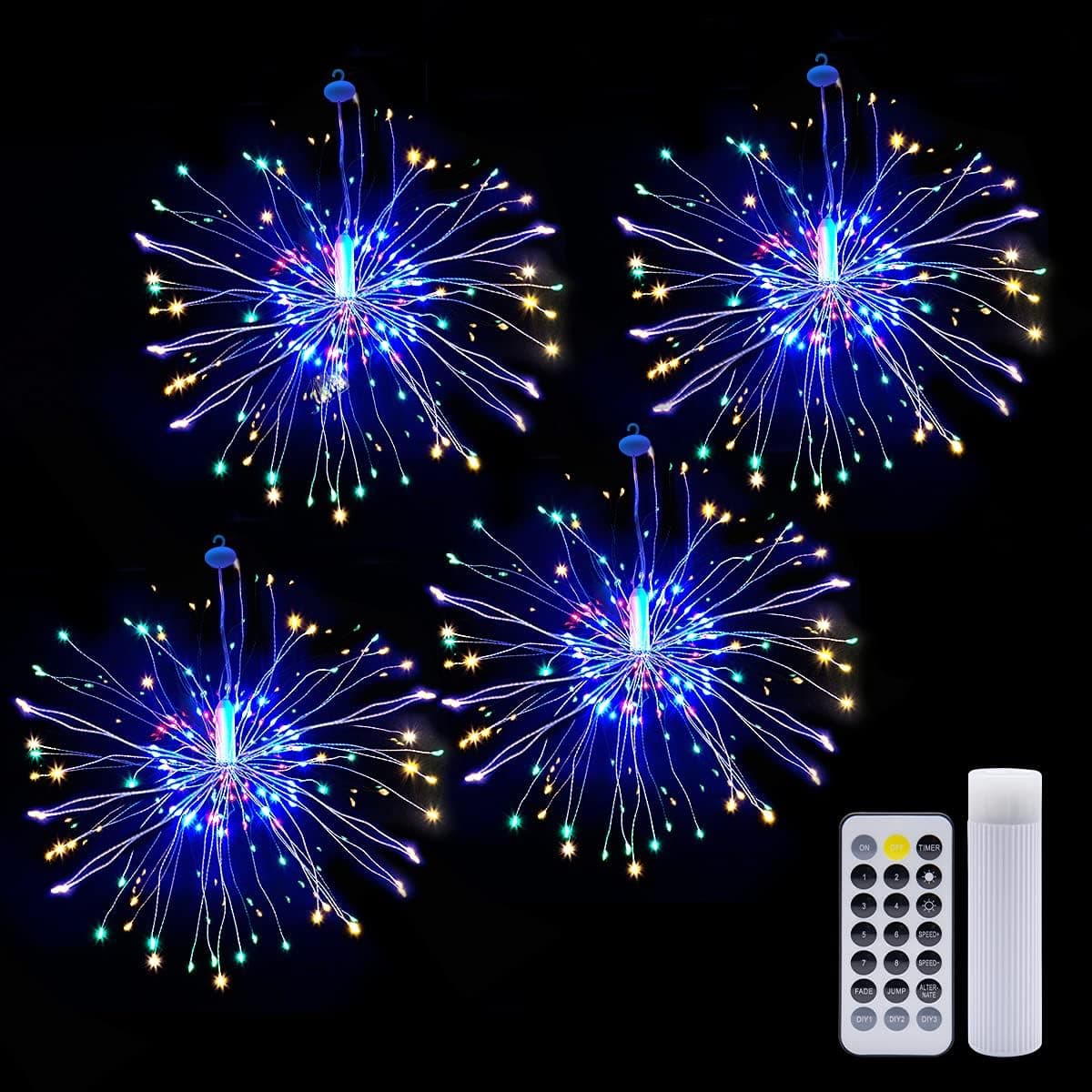Firework Lights, 4 Pack120 LED Copper Wire Starburst String Lights with 8 Modes Remote Waterproof Hanging Fairy Decorative Lights for Wedding Party Christmas Garden Patio Home Decoration(Multi-Color)