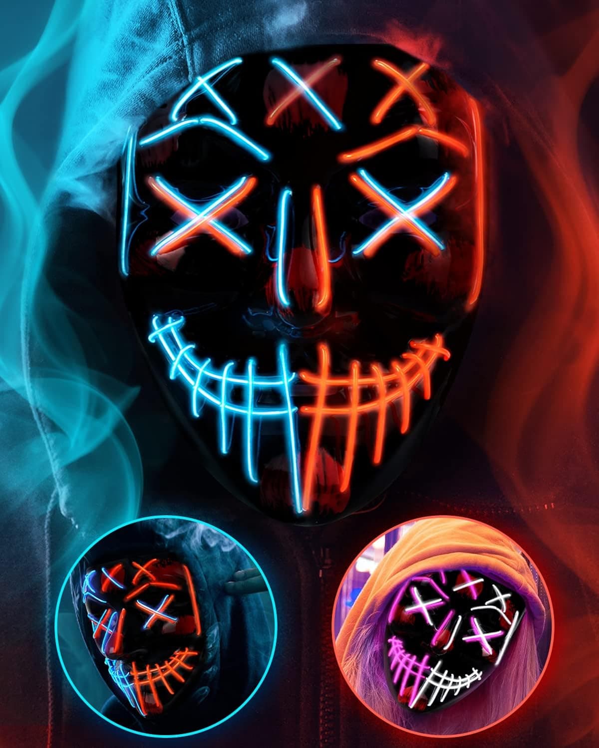 Purge Mask Light Up Halloween Costume Kids Adult Women LED Scary Glow Face Masks (Red Blue Purge Mask)