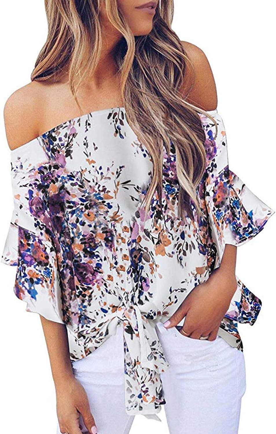 Zecilbo Womens Off Shoulder Floral Tops Tie Front 3/4 Sleeve Chiffon Blouse T Shirts Purple Medium