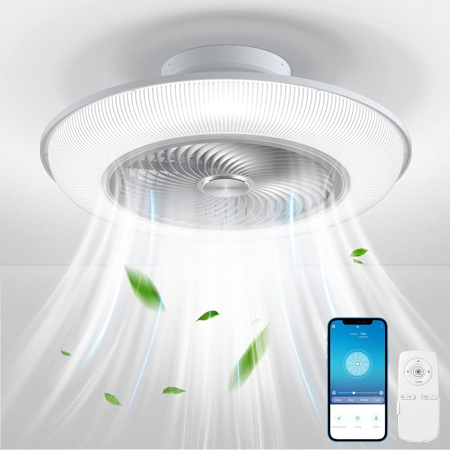 YONOK Ceiling Fans with Lights Remote Control, Battery Included, 23 In Low Profile Bladeless Ceiling Fan 360° Angle Airflow, 8 Blades 3 Color Stepless Dimming, Quick Flush Mount Ceiling Fan