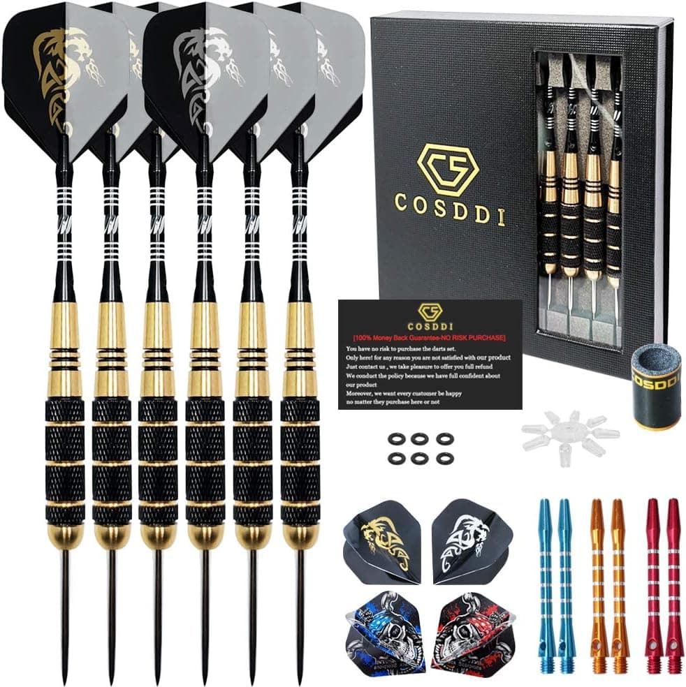 COSDDI Steel Tip Darts, 6 Packs Professional Darts Set with Standard Flights, Aluminum Shafts, Brass Barrels & Dart Sharpener for Every Rec Room, Man Cave, Bar and Game Room