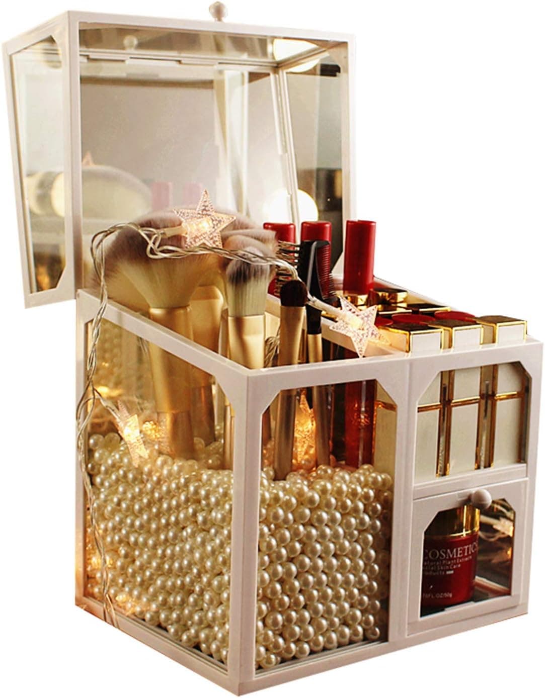 Makeup Brush Holder for Vanity, Flip lid with Dust Proof, Glass Makeup Organizer , Brushes and Lipsticks Holder