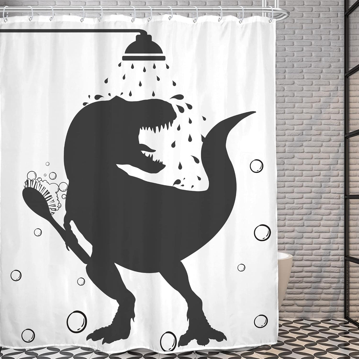AMBZEK Funny Dinosaur Shower Curtain for Kids Boys 60Wx72L Inch Dino Silhouette Bathroom Decor Set Trex Raptor Cartoon Animal Cool Men Black White Artwork Cloth Fabric Bath Accessories 12 Pack Hooks
