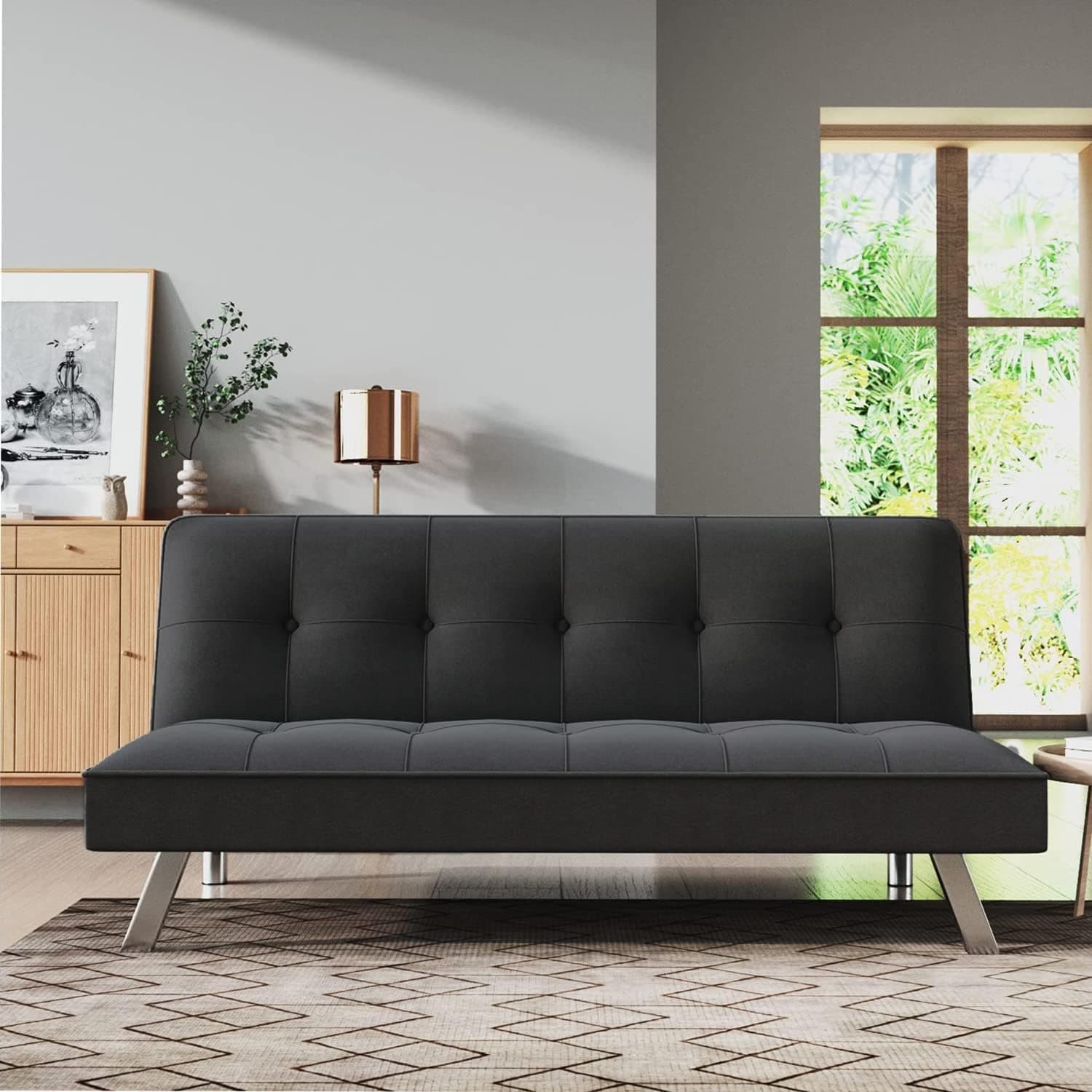 GUNJI Futon Sofa Bed Modern Linen Fabric Upholstered Sofa Bed Folding Collection Convertible Couch Bed for Living Room Home Office Futon Couch with Chrome Legs (Black)