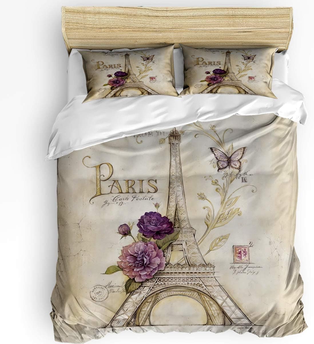 Butterfly Duvet Cover Sets, Soft and Breathable with Zipper Closure, Bedding Set for Bedroom Decoration King Size Purple Flowers and Paris Eiffel Tower
