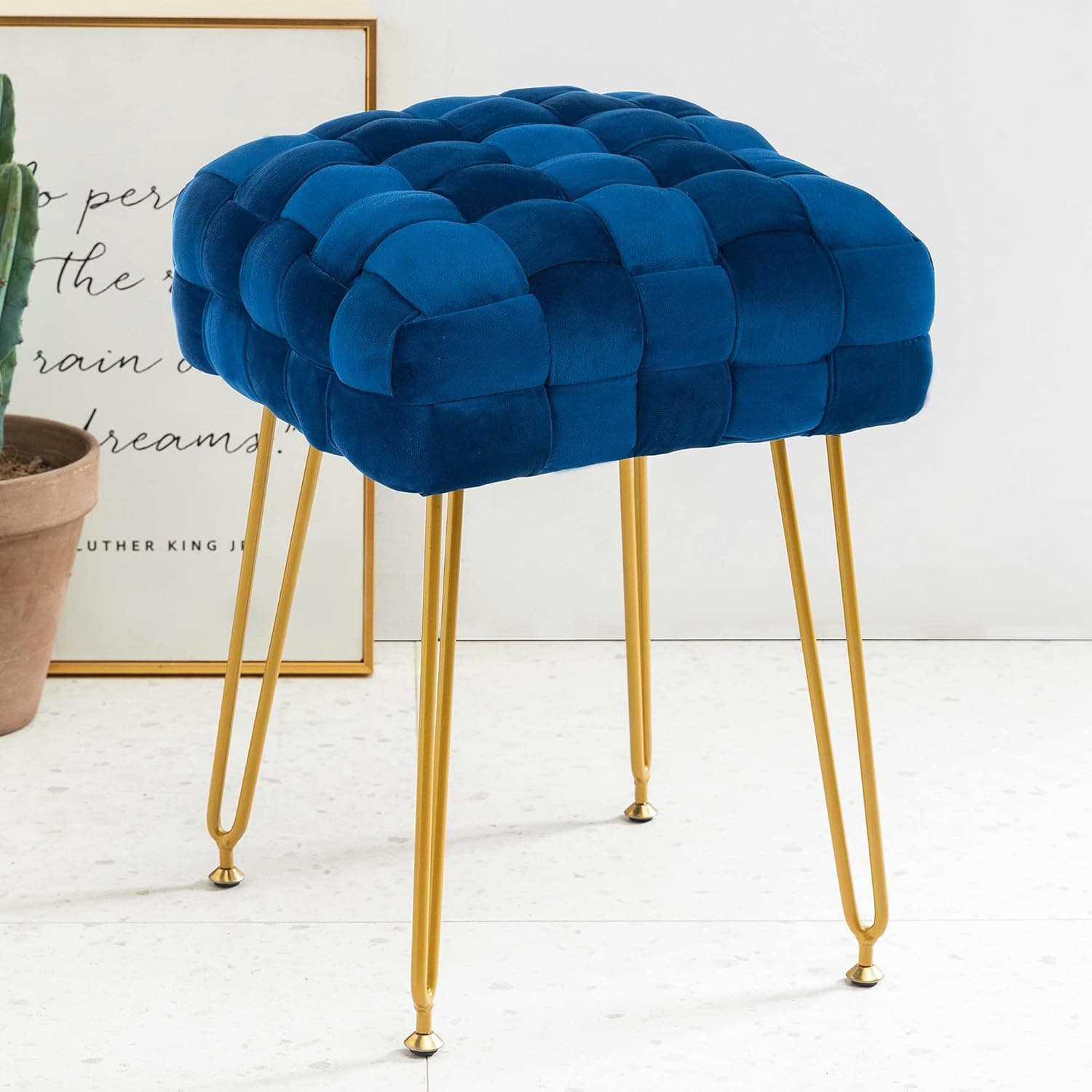 Velvet Footrest Stool Ottoman Square, Mid-Century Modern Velvet Upholstered Woven Vanity Foot Stool Chair with Golden Metal Legs, Makeup Chair Side Table Dressing Stool for Living Room (Royal Blue)
