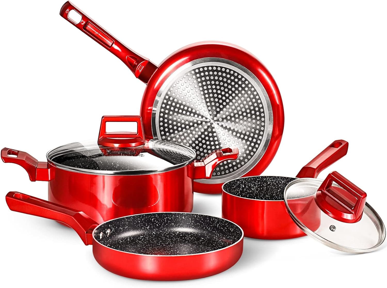 6 Pcs Pots and Pans Sets, Nonstick Cookware Set, Induction Pan Set, Chemical-Free Kitchen Sets, Stone-Derived Coating, Saucepan, Stock Pot, Frying Pan, Red