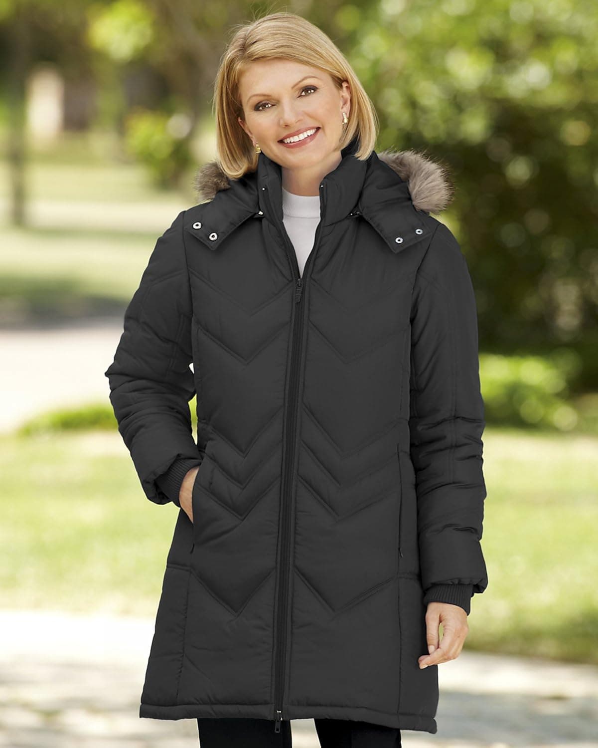 totes Chevron Quilted Coat, Black, Large