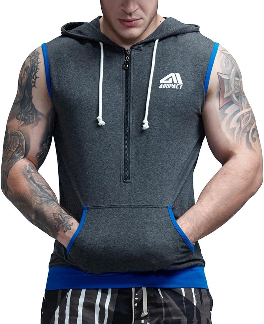 AIMPACT Cotton Sleeveless Hoodie Men Fitted Workout Bodybuilding Stringer Gym Tank Top Athletic Muscle Shirt Hoodie,Grey,Tag L( US M/38)