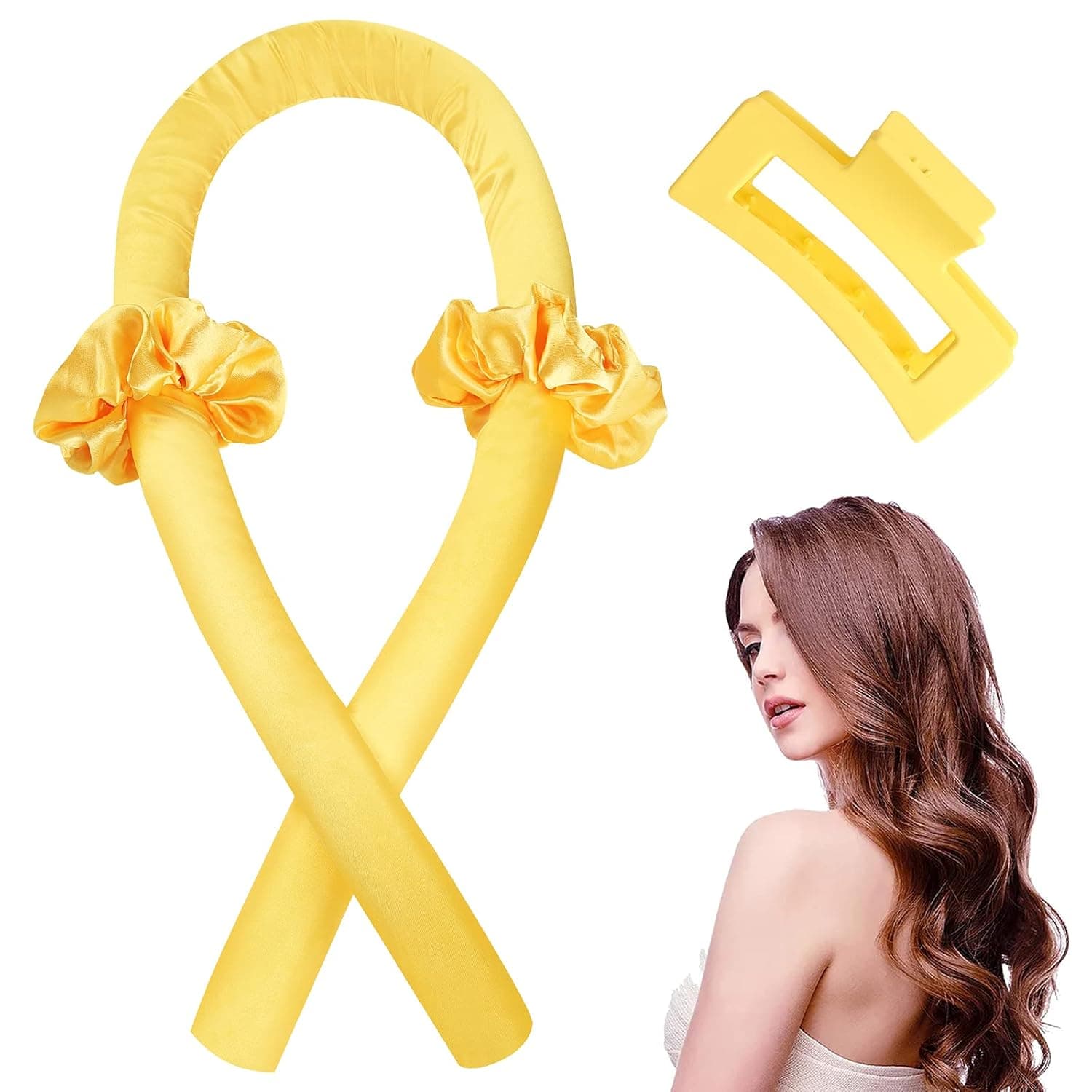 Heatless Hair Rollers Curls Headband Curler Ribbon for Long Hair Soft Foam Hair Curling Ribbon Wrap Kit for Women Girls(Yellow)