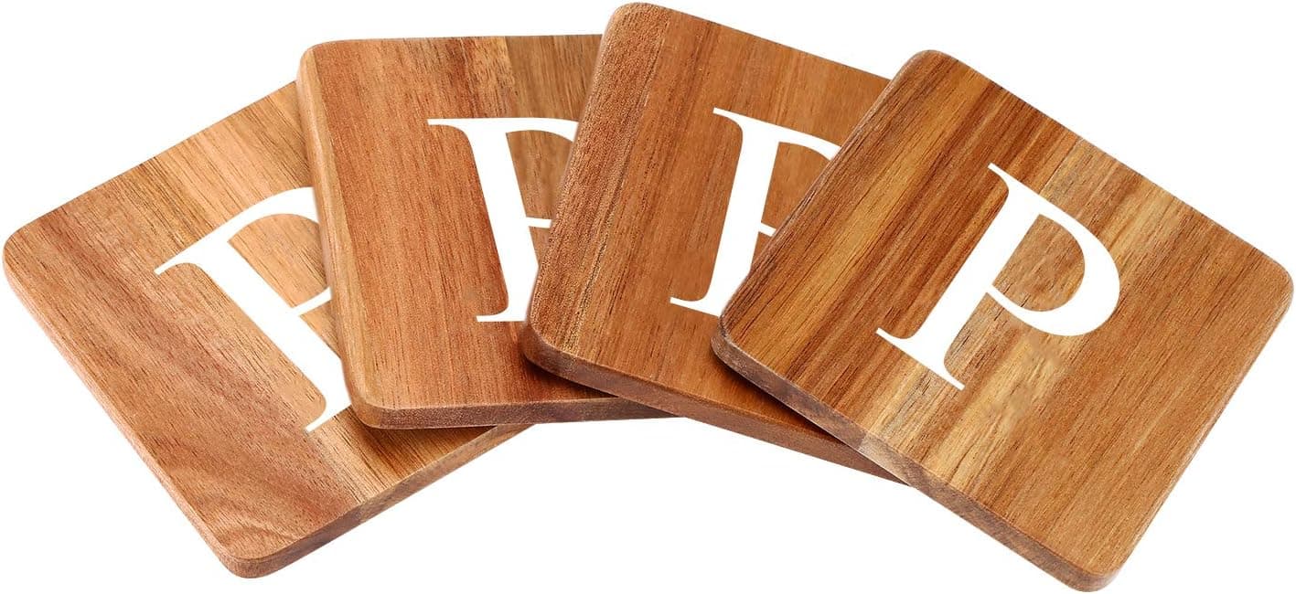 Wood Coasters for Drinks - 4-Pack Square Cup Coasters Personalized Monogram Coasters | Funny Housewarming Gift Wedding Decorations Or Even For Your Kitchen, Office Desk & Coffee Table