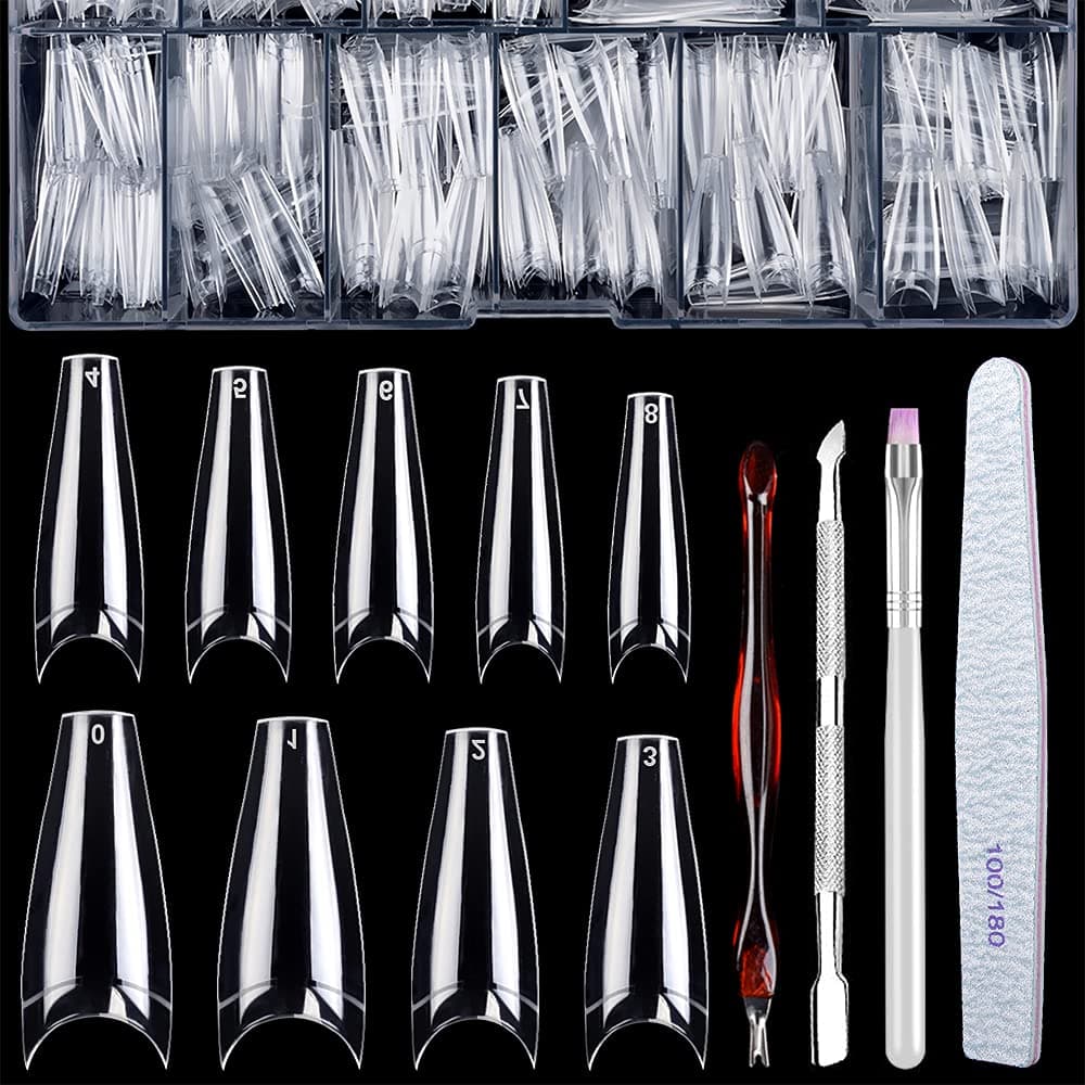 Coffin French Nail Tips, Clear False Nail 550 Pcs Half Cover Artificial False Nails for Salons and DIY Nail Art with Box (10 Sizes)