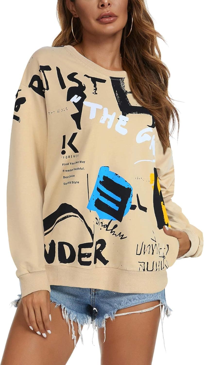 Kormei Women's Casual Sweatshirt Crew Neck Long Sleeves Graphic Print Pullover Blouse Tops