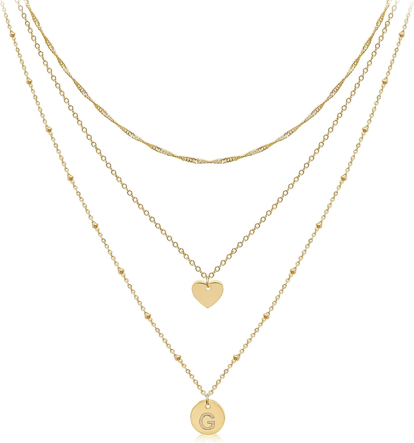 Aisansty Dainty Layered Initial Choker Necklaces Handmade 14K Gold Plated Tiny Heart Personalized Letter Disc Pendant Adjustable Chain Layering Gold Necklaces for Women Girls Gift Jewelry
