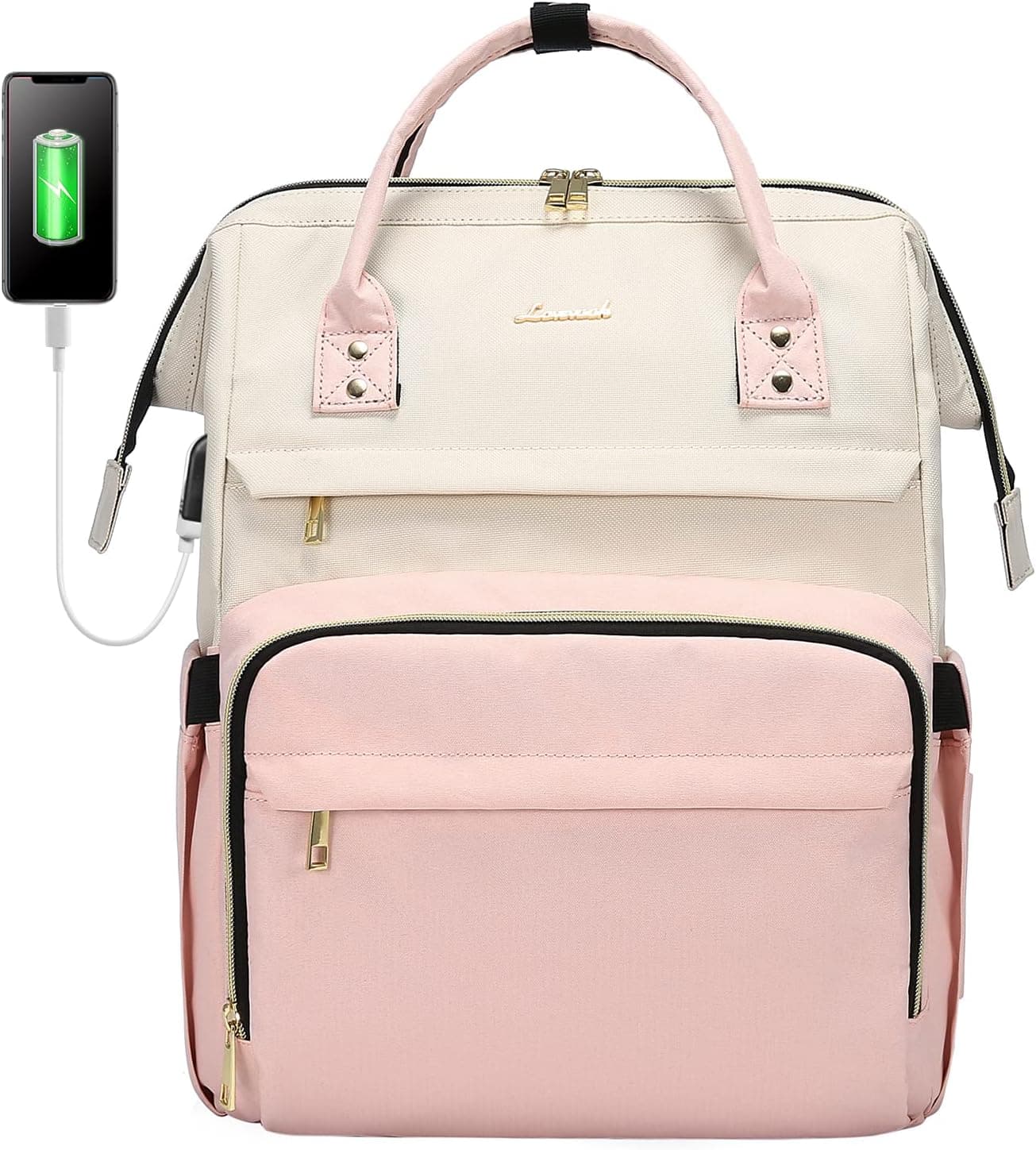 LOVEVOOK Laptop Backpack for Women, 17-inch Large Capacity Fashion Work Computer Backpacks Purse, Travel Business Bags, Teacher Doctor Nurse Backpack, Beige-Pink
