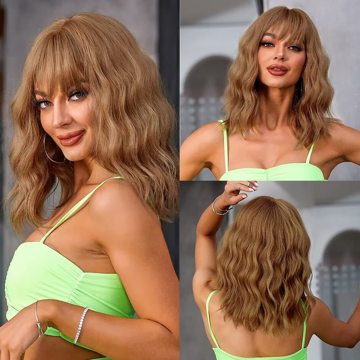 Short Wavy Light Brown Wig with Bangs,Ombre Brown Wig for Women, Natural Looking Synthetic wig for Daily Use