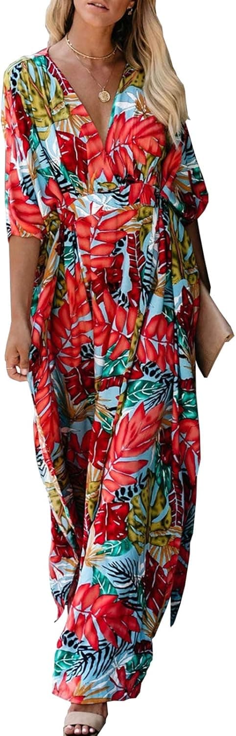Chunoy Women Loose Kaftan Puff Sleeve Floral Print Long Cover Up Belted High Slit Wrap V Neck Maxi Dress Red