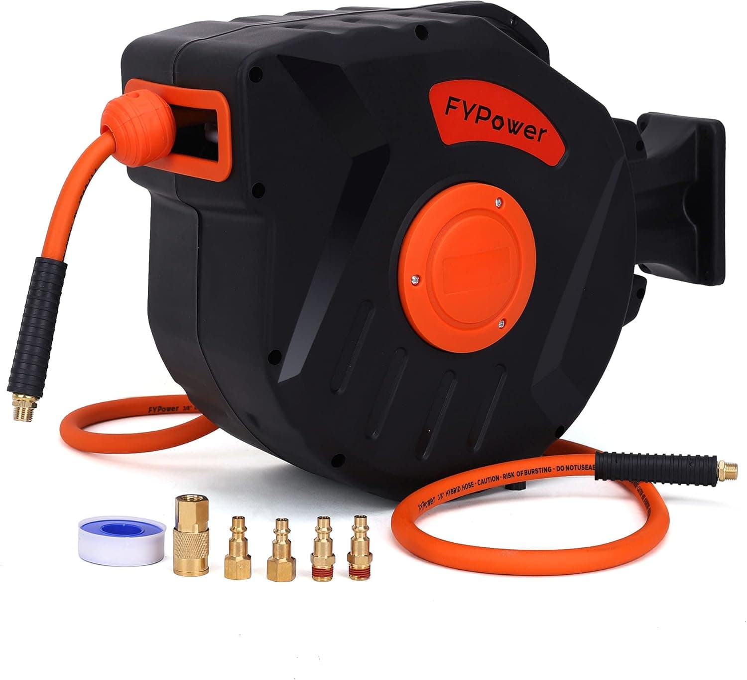 FYPower Air Compressor Hose Reel with Automatic Retractable Enclosed 3/8 inch x 50 ft hybrid Air Hose, 1/4" NPT Industrial Brass Coupler and Plugs, 6 ft Lead in, Wall Mounted 180° Swivel, 300PSI