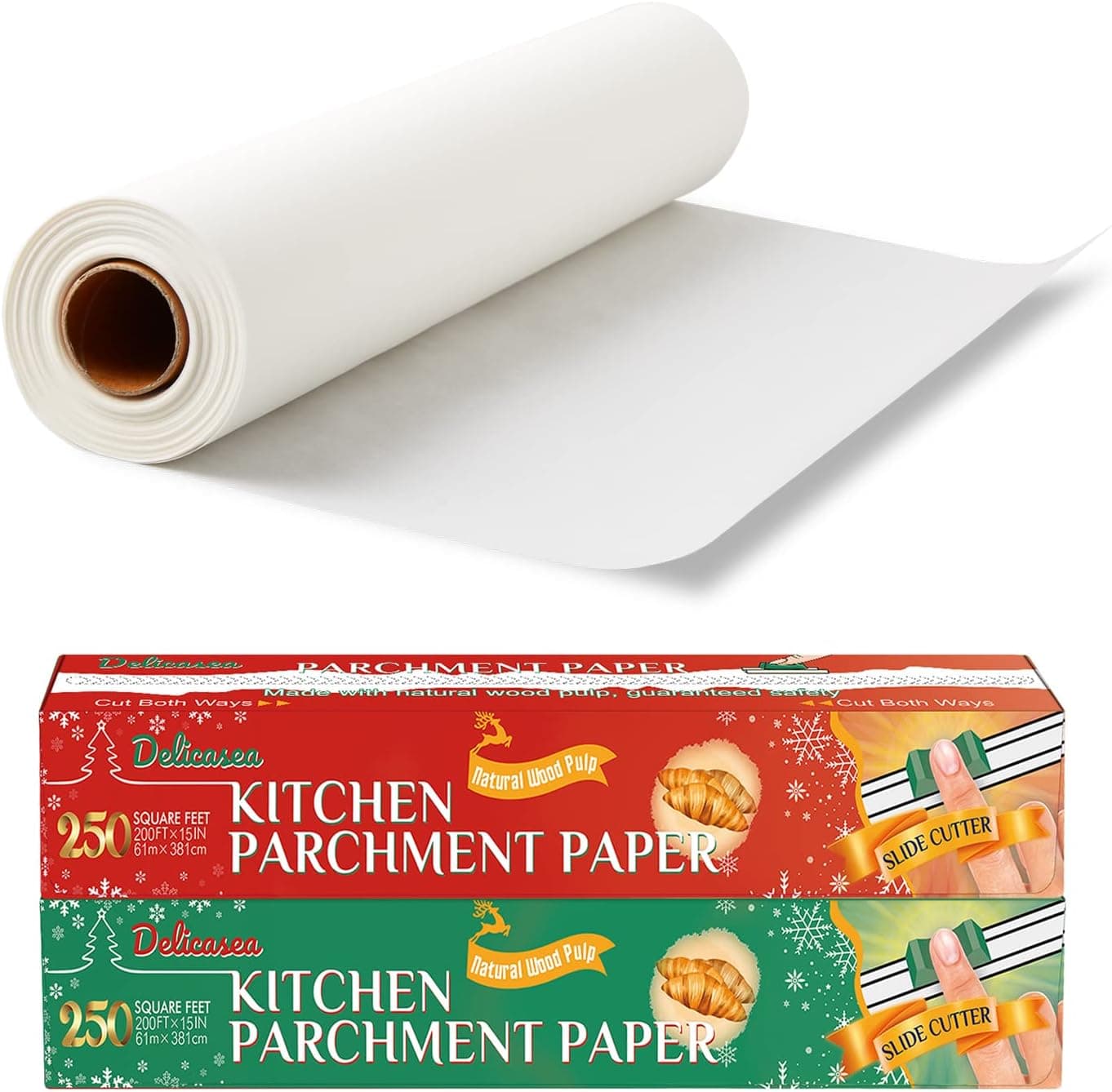 Delicasea 500 Sq.Ft Parchment Paper Roll for Baking, 2 Pack of 15 in x 200 ft with Slide Cutter, Baking Paper for Cooking Roasting