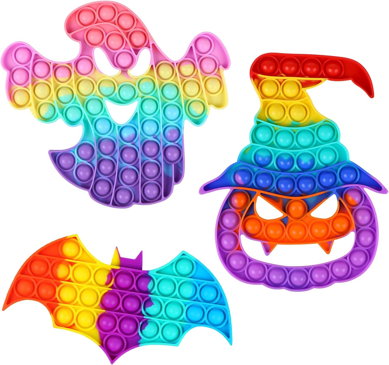 EVERMARKET Halloween Push Pop Bubbles Fidget Sensory Toy, 3 Pack Pumpkin Ghost Bat Bubble Popper Stress Reliever Silicone Relax Toys, Light Rainbow Pop Bubble Fidget Block Toys for Kids Adults