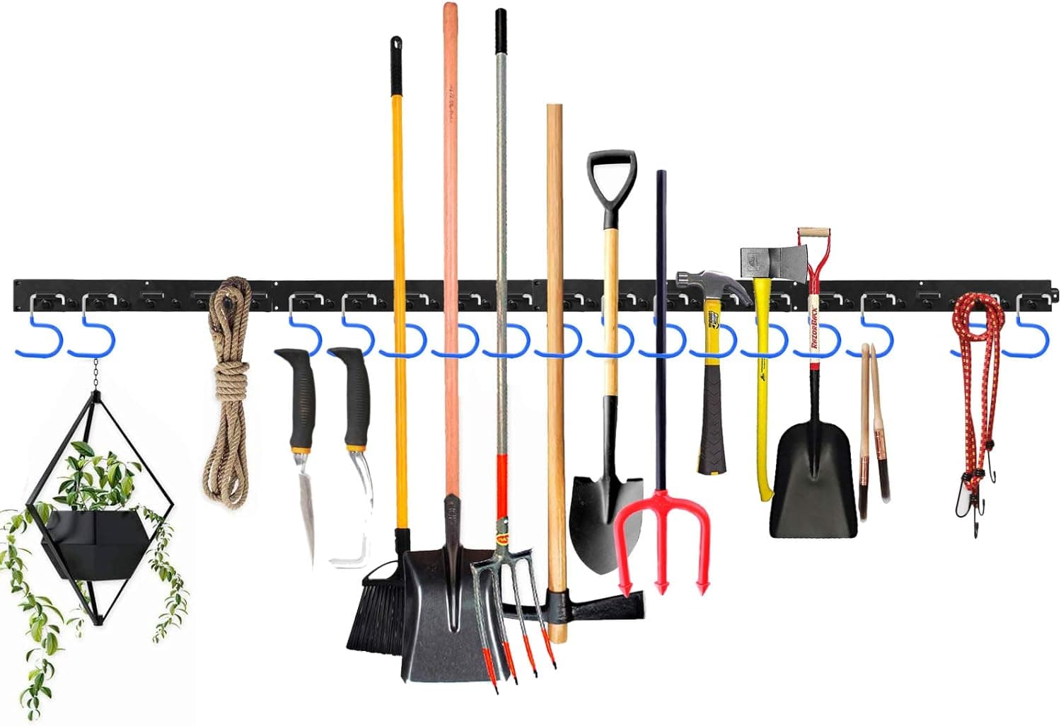 Adjustable Storage System 64 Inch, Wall Holders for Tools, Wall Mount Tool Organizer, Garage Hook, Garden Tool Organizer, Storage Hook,Tools Hanger with 4 Rails 16 Hooks (Blue)
