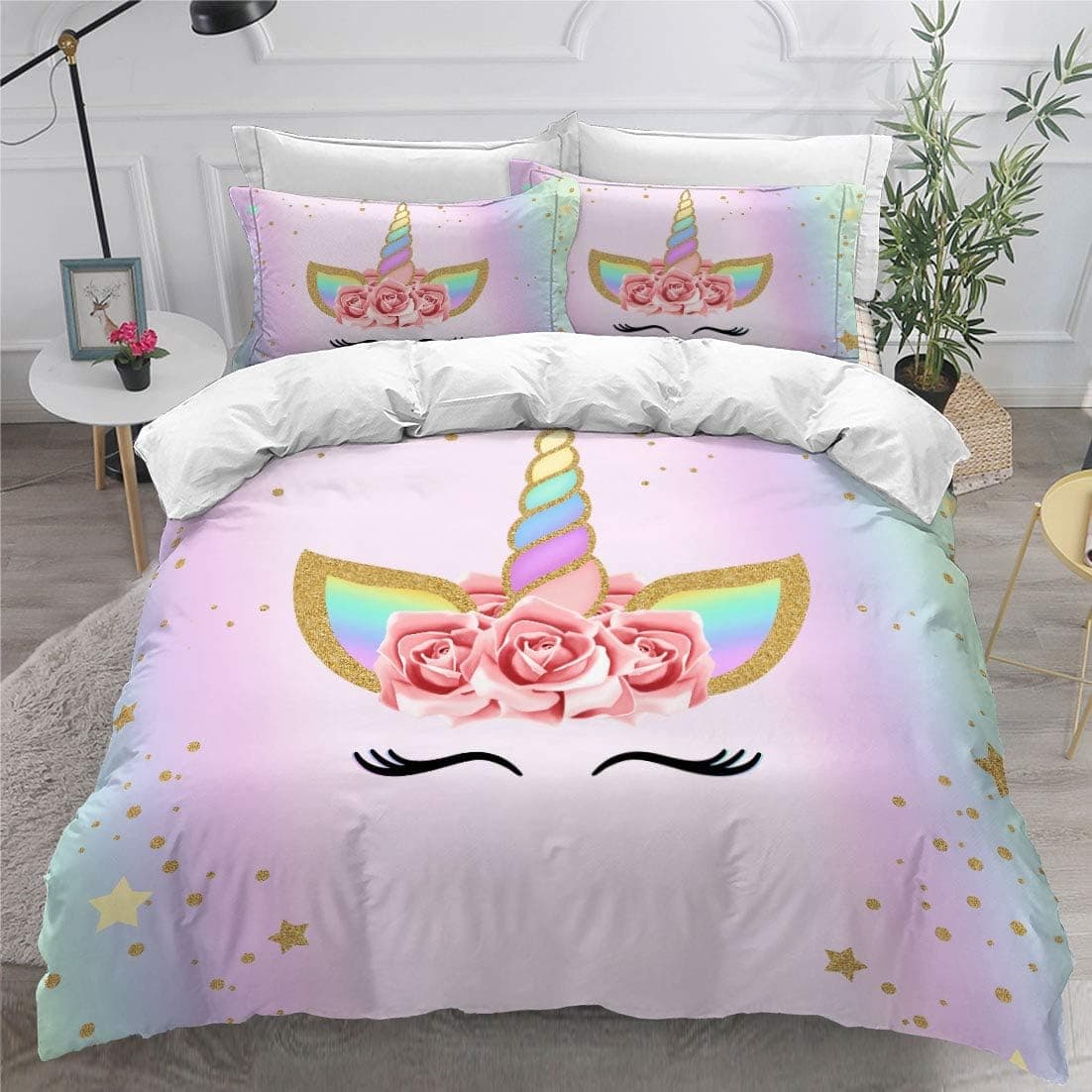 sonicpony Girls Unicorn Duvet Cover Set Full Queen Size Comforter Cover for Bedding Set 3D Floral Print Pink Eyelash Soft Microfiber 1 Duvet Cover with 2 Pillowcase No Comforter (Smile, Full/Queen)