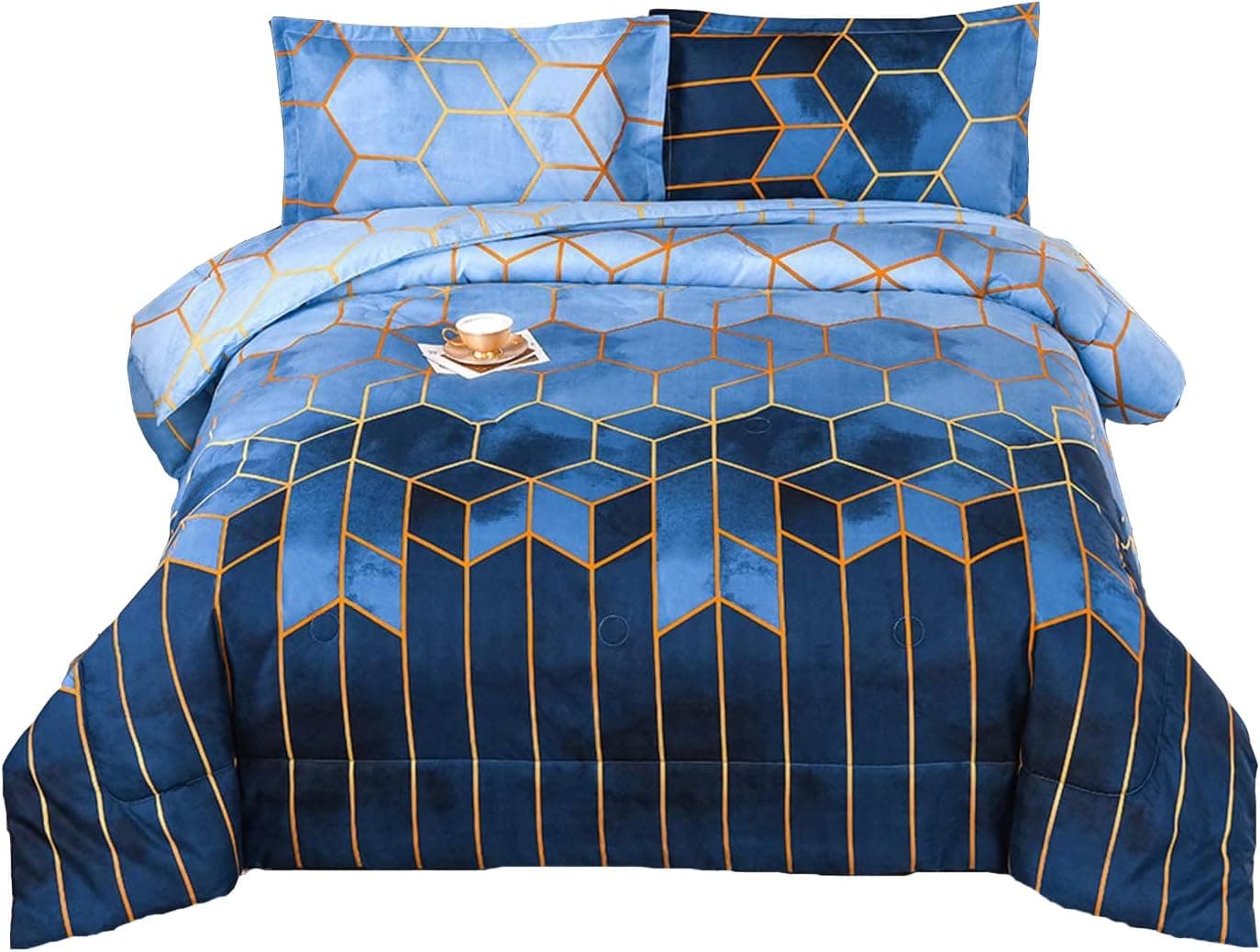 BDAILKA King Size Geometric Comforter Set,Blue Comforter Set, King Bed for Comforter Quilt Set with 2 Pillowcase for All Season Bedding Ultra Soft,102"*90"