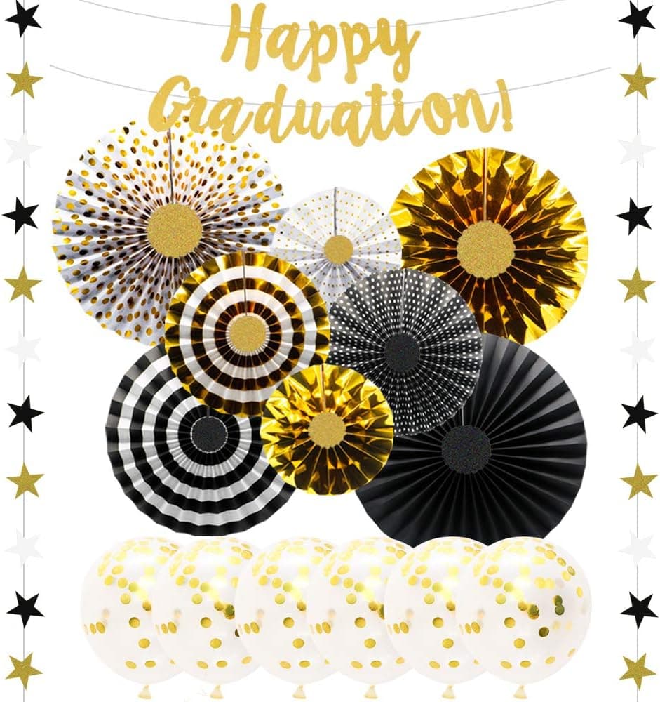 KAXXI Graduation Decorations 2023 Black and Gold, Happy Graduation Banners with Paper Fans Star Garland Confetti Balloons Set for Grad Party Supplies