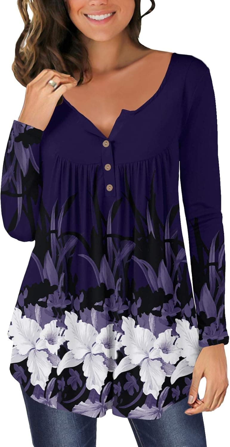 Mystry Zone Womens Tunics Casual Blouse Ruffle Button Up Tunic Shirts Fit Flare S-3XL