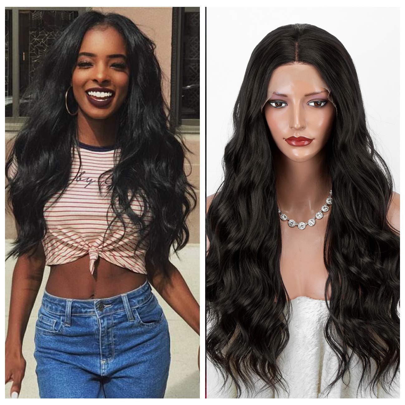 Black Lace Front Wigs for Women Glueless Long Wavy Synthetic Wig with Middle Part Heat Resistant 22 Inches