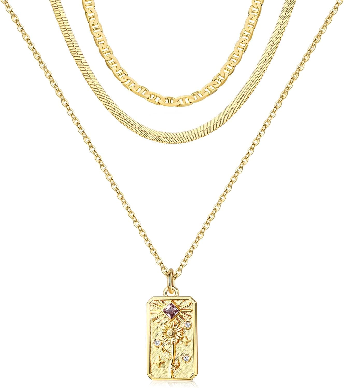 GetveLy Birth Flower Layered Necklace for Women,Pendant Necklace 18K Gold Plated Dainty Paperclip Chain Floral Necklace Personalized Jewelry Birthday Gift for Mom Daughter