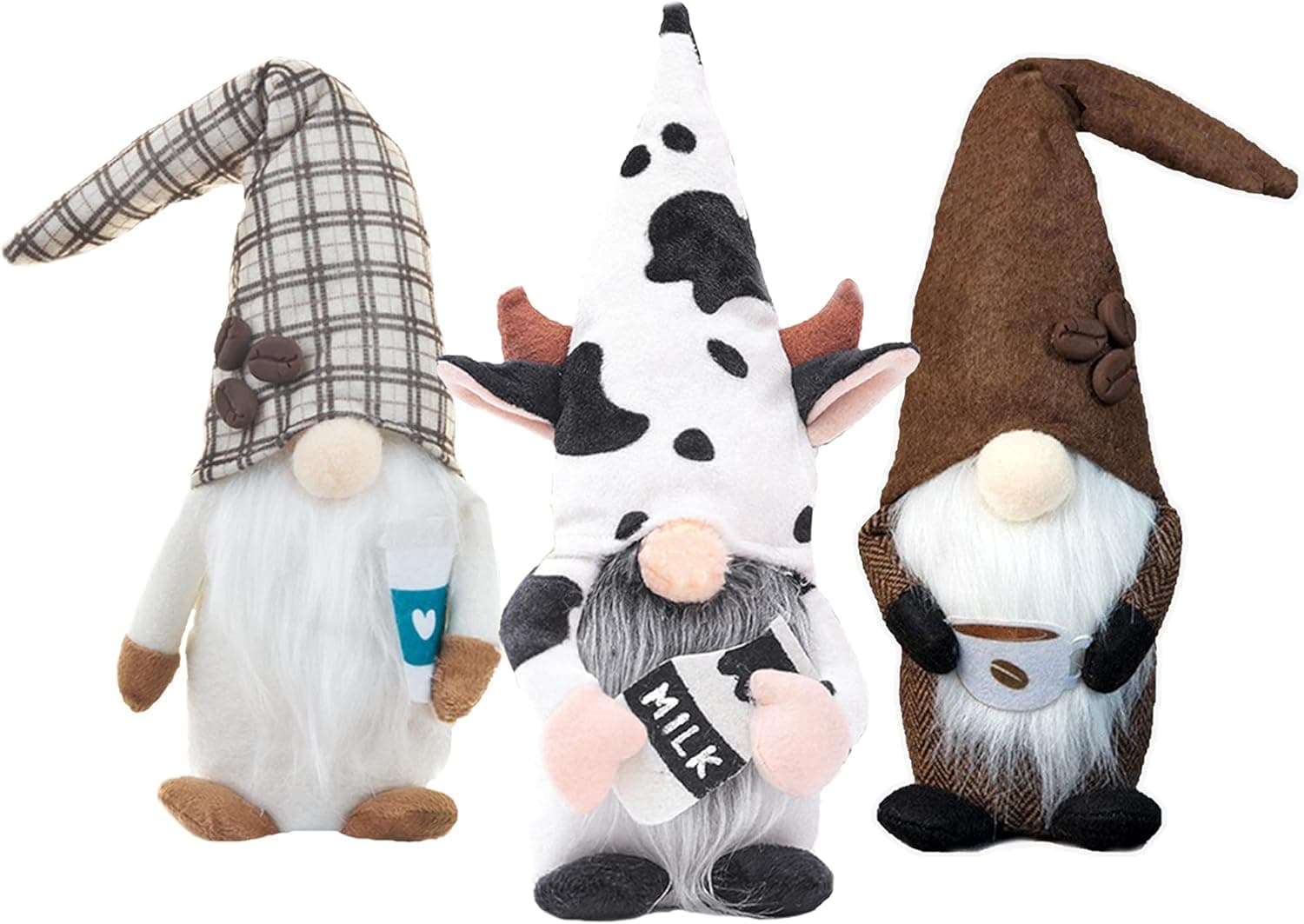2 Coffee Gnome and 1 Milk Cow Gnome Plush, Home Decorations for Coffee Bar Farmhouse Kitchen, Cute Handmade Ornaments Clearance Dwarf Swedish Elf Gift for Christmas Valentine Thanksgiving Holiday