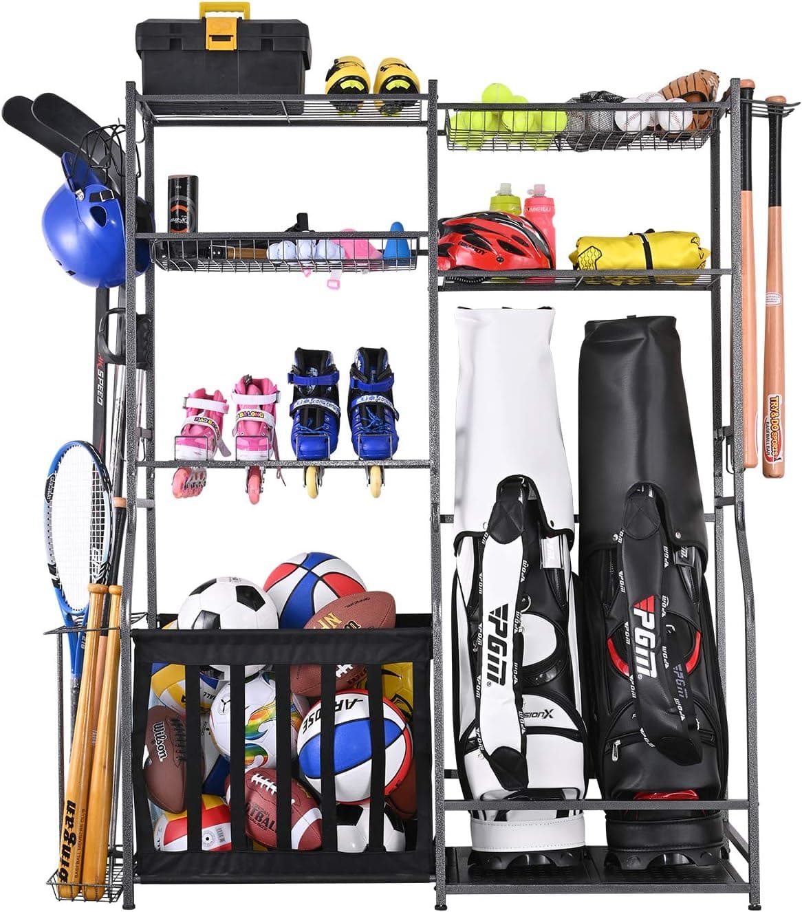 Mythinglogic Golf Storage Garage Organizer, 2 Golf Bag Storage Stand and Other Sports Equipment Storage Rack