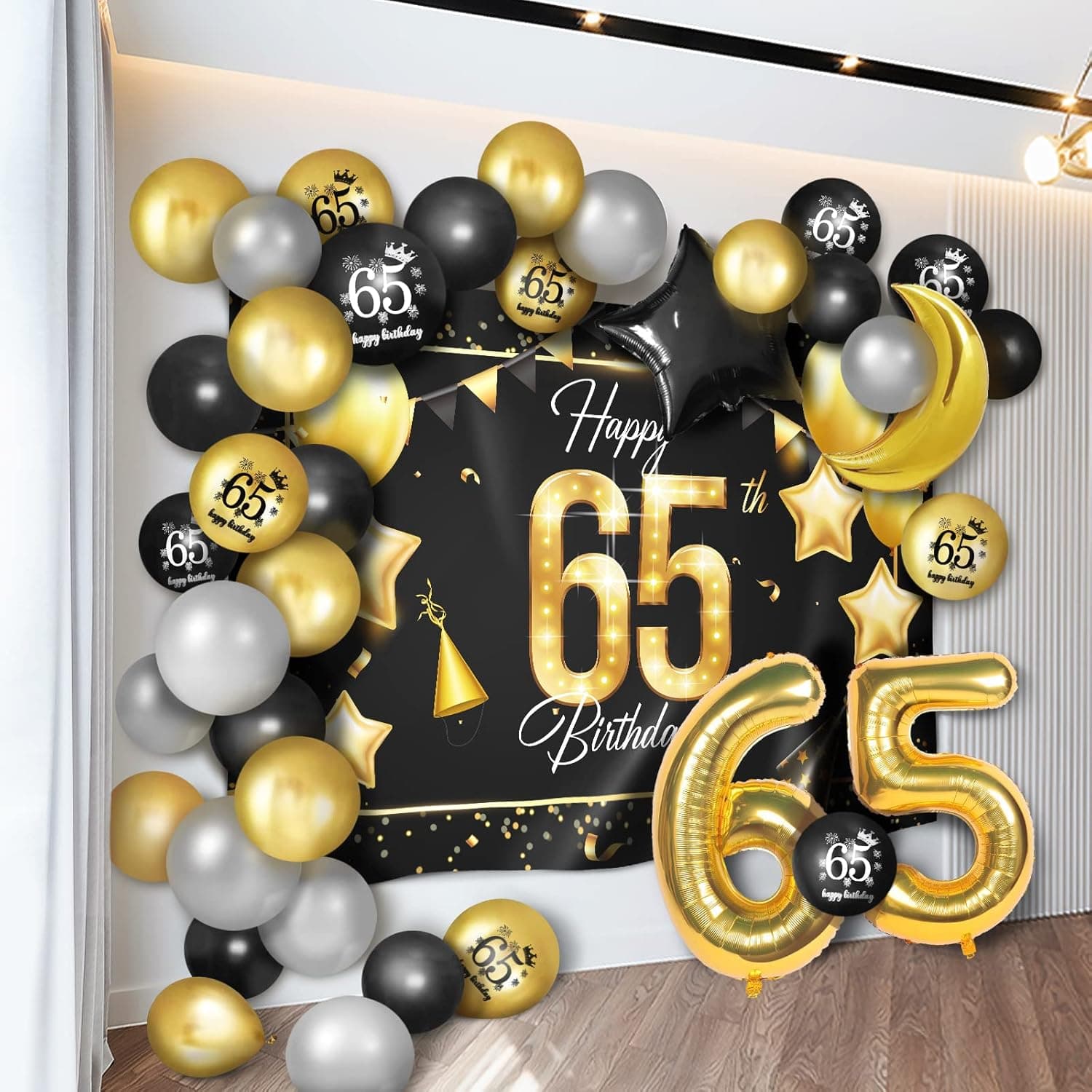 Happy 65th Birthday Balloons Gold Set Decor - Cheers to 65 Years Old Party Theme Garland Star Moon Banner Backdrop Decorations For Women and Men Supplies
